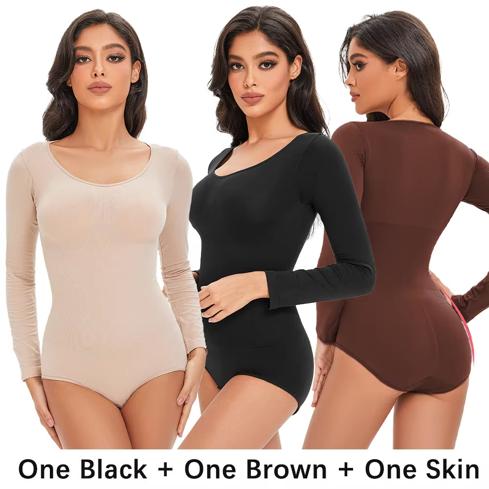 Elevate Your Confidence with Our Seamless Open Crotch Bodysuit - Long Sleeve Body Shaper for a Flawless Figure