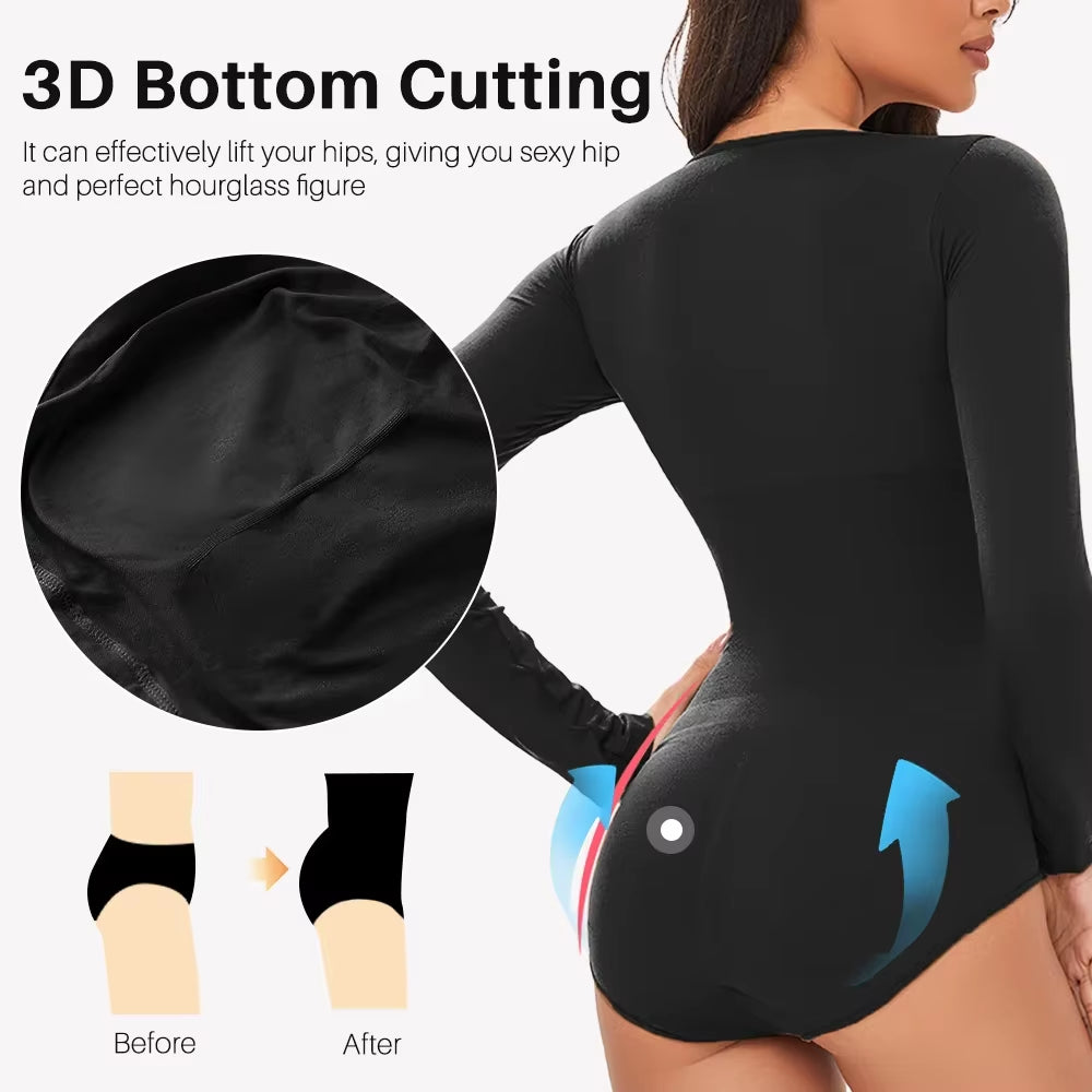Elevate Your Confidence with Our Seamless Open Crotch Bodysuit - Long Sleeve Body Shaper for a Flawless Figure