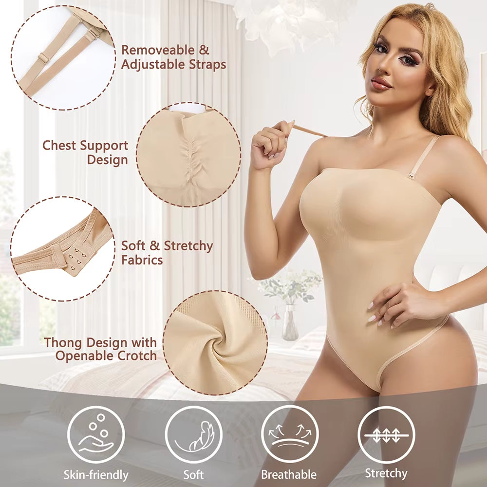 Sculpt & Shine: Women's Tummy Control Bodysuit - Versatile Sleeveless, Strapless, and Backless Shaper for Ultimate Confidence