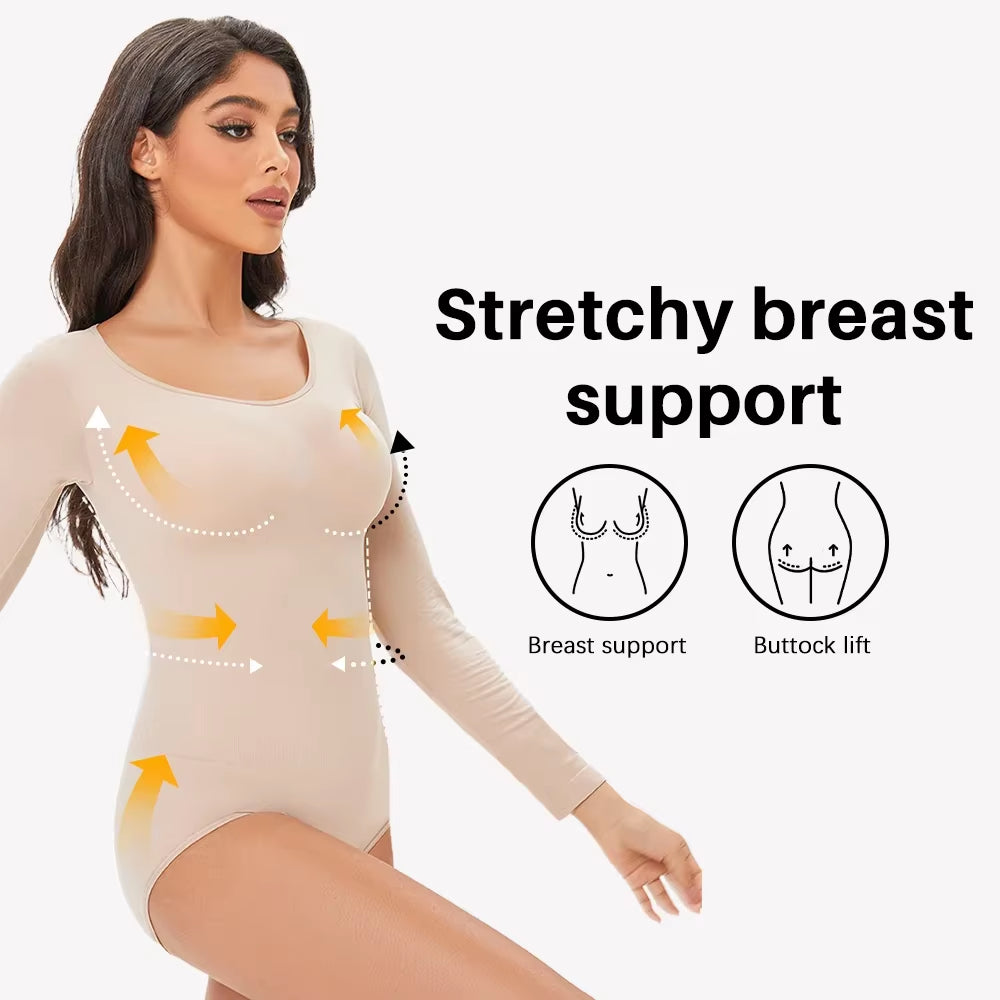 Elevate Your Confidence with Our Seamless Open Crotch Bodysuit - Long Sleeve Body Shaper for a Flawless Figure
