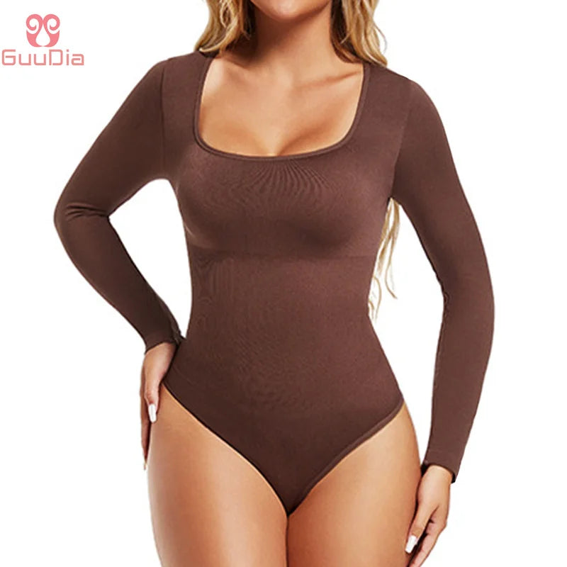 Transform Your Silhouette with the GUUDIA Open Crotch Big U Neck Seamless Bodysuit - Long Sleeve Tummy Control Shapewear