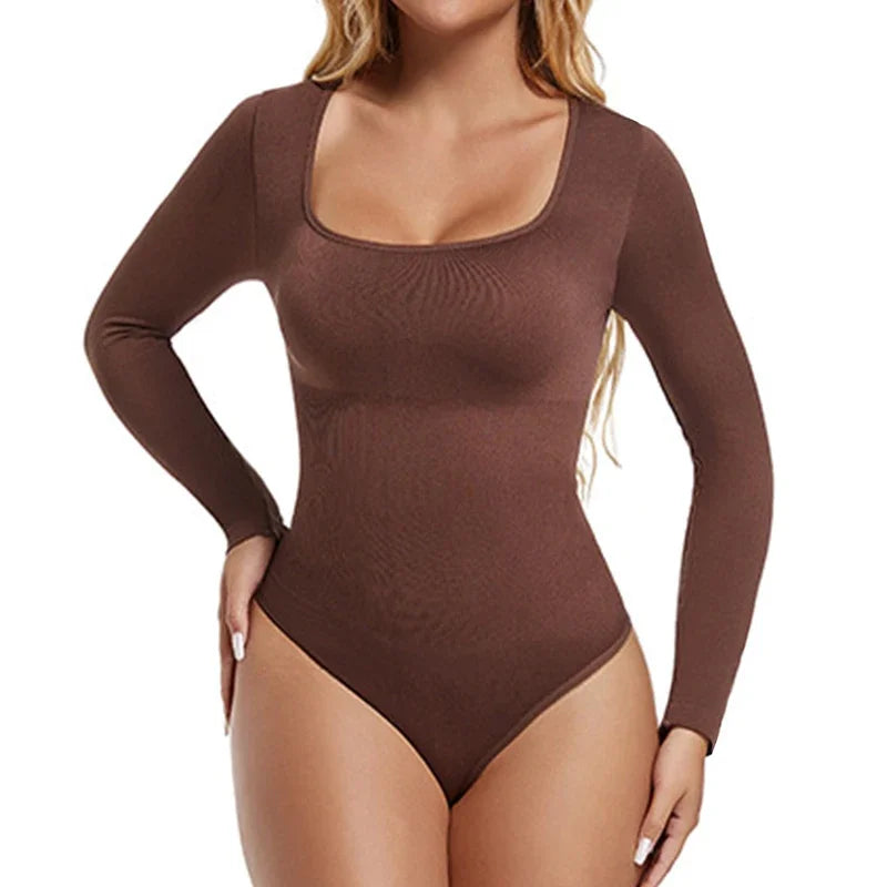 Transform Your Silhouette with the GUUDIA Open Crotch Big U Neck Seamless Bodysuit - Long Sleeve Tummy Control Shapewear
