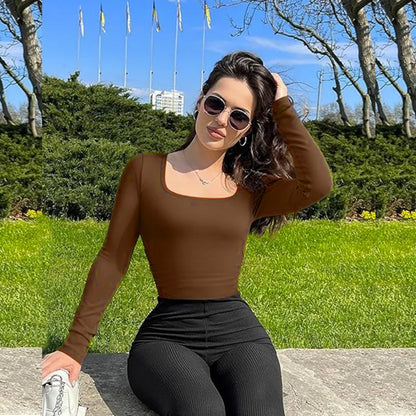 Transform Your Silhouette with the GUUDIA Open Crotch Big U Neck Seamless Bodysuit - Long Sleeve Tummy Control Shapewear