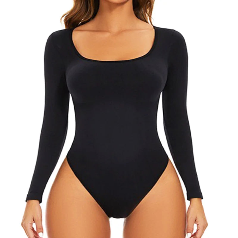 Transform Your Silhouette with the GUUDIA Open Crotch Big U Neck Seamless Bodysuit - Long Sleeve Tummy Control Shapewear