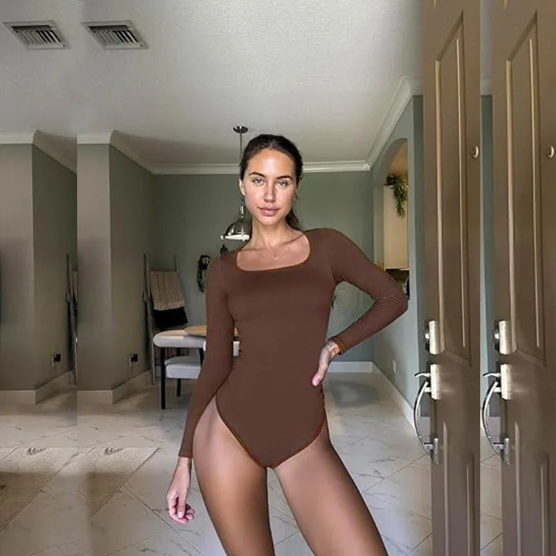 Transform Your Silhouette with the GUUDIA Open Crotch Big U Neck Seamless Bodysuit - Long Sleeve Tummy Control Shapewear