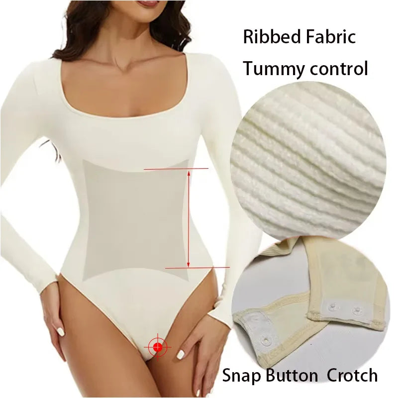 Transform Your Silhouette with the GUUDIA Open Crotch Big U Neck Seamless Bodysuit - Long Sleeve Tummy Control Shapewear
