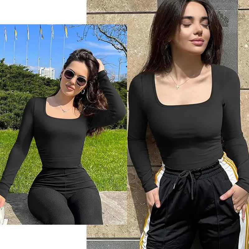 Transform Your Silhouette with the GUUDIA Open Crotch Big U Neck Seamless Bodysuit - Long Sleeve Tummy Control Shapewear
