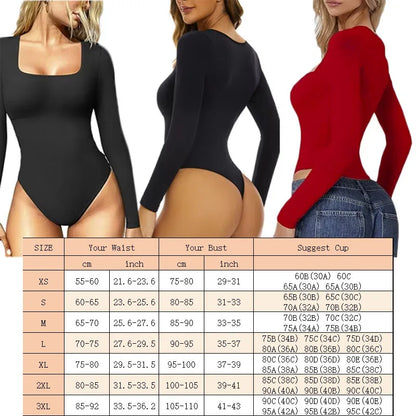 Transform Your Silhouette with the GUUDIA Open Crotch Big U Neck Seamless Bodysuit - Long Sleeve Tummy Control Shapewear