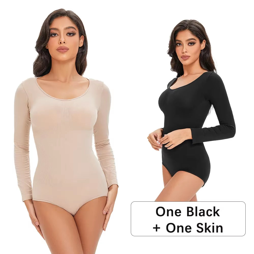 Elevate Your Confidence with Our Seamless Open Crotch Bodysuit - Long Sleeve Body Shaper for a Flawless Figure